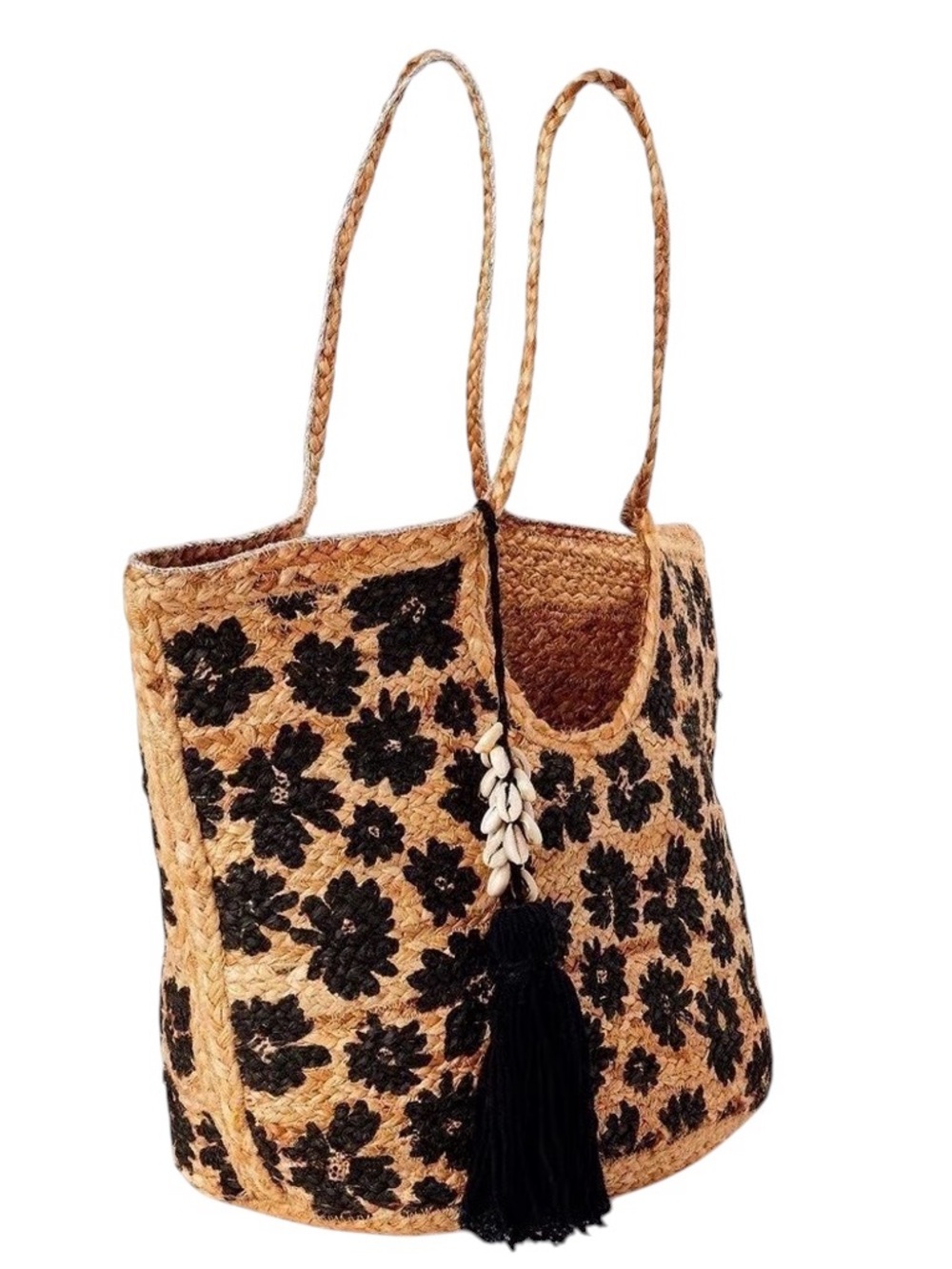 Large Tan & Black Woven floral Jute Floral Bag w/black tassel cowrie shells. - Picture 3 of 11